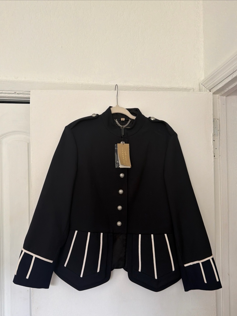 Burberry Women's Black Military-Style Jacket with White Trim